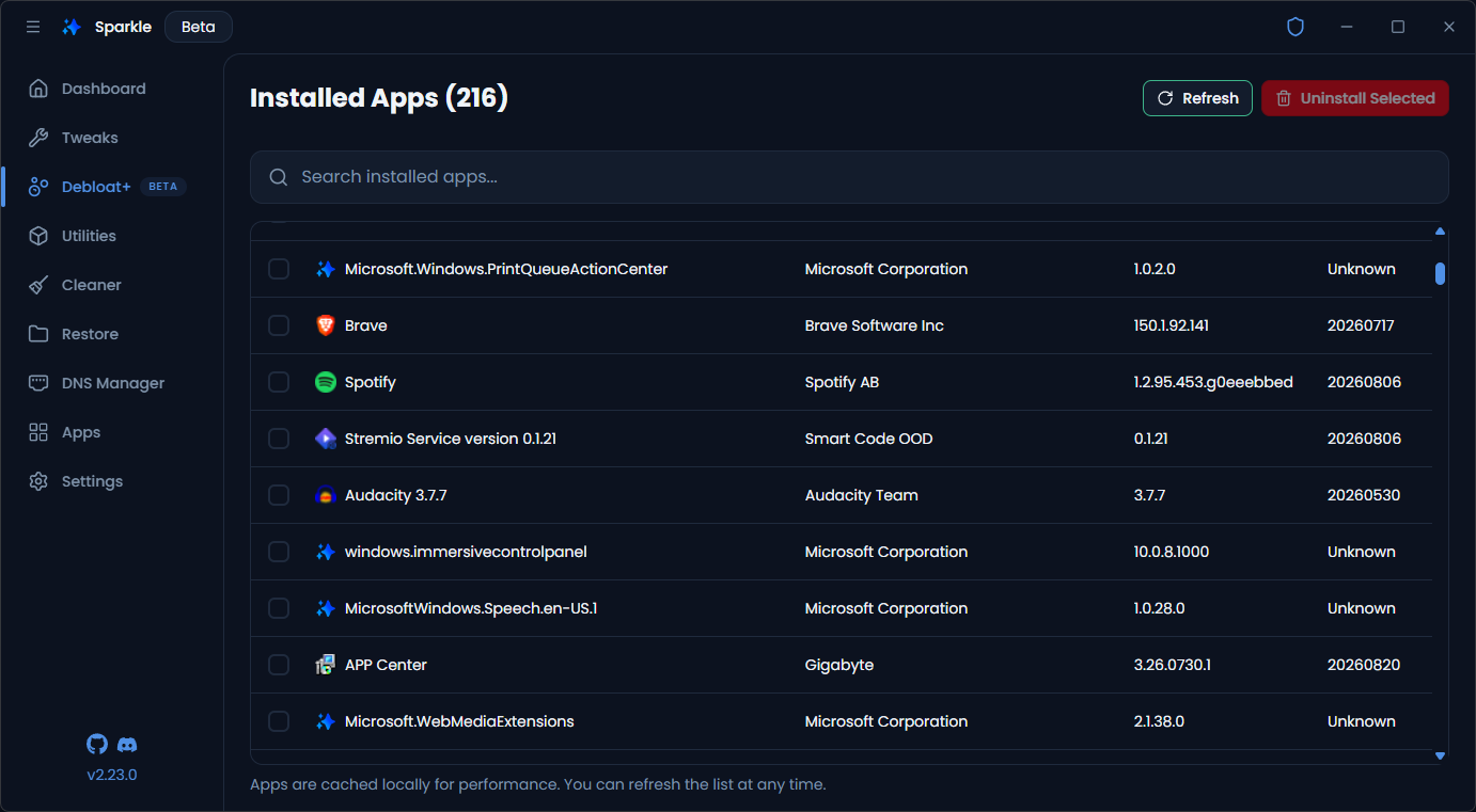 Screenshot of Sparkle's Debloat+ page