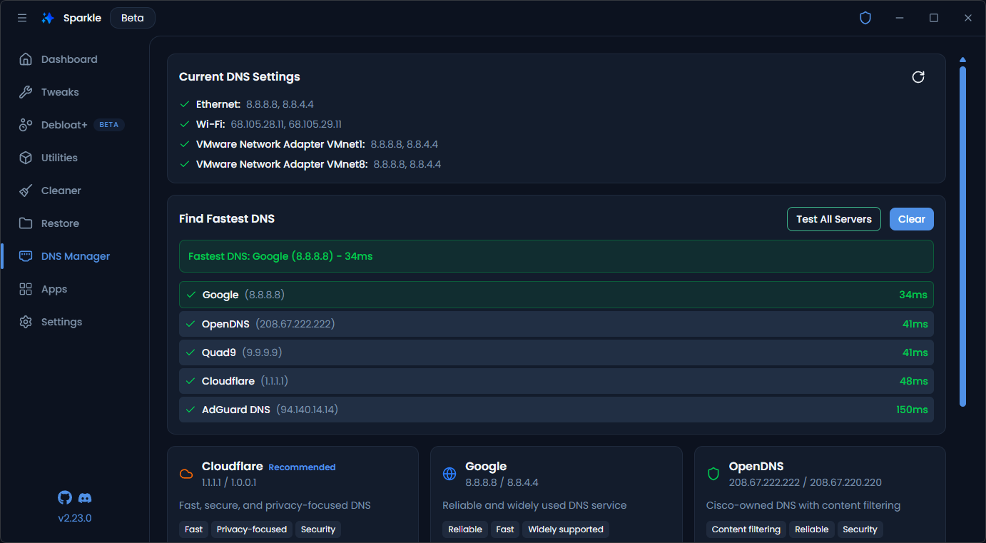 Screenshot of Sparkle's DNS Manager page